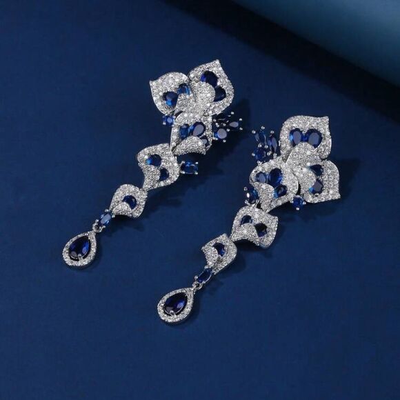 Luxury Blue Crystal Drop Earrings with sterling silver Stud - Picture 8 of 14